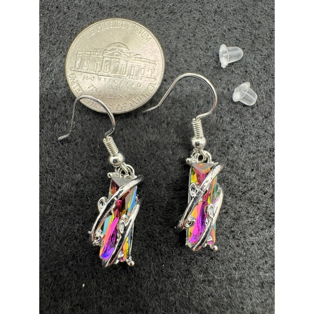 Silver Tone Multicolor Baguette Crystal Rectangle Dangle Earrings Hook